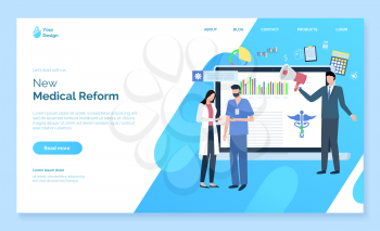 New medical reform website decorated by man and woman doctors with document, man character holding speaker, monitor of laptop with chart report vector. Webpage template, landing page flat style, app