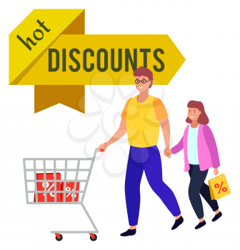 Family shopping using discounts and special promotions from shops. Banner made of stripe and text. Father and kid with shopping trolley loaded with bags and purchase bought on sale. Vector in flat