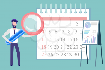 Businessman with magnifying glass vector, isolated male with tool for research. Calendar with dates and events, time management and whiteboard charts