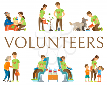Volunteering people vector, man and woman helping environment and kids, orphans with gifts, older woman and homeless person, blood donation, pet care