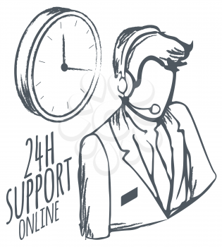 Online hotline for customers. 24 hours support and help isolated consultant monochrome sketch outline. Professional worker with headset answering questions of customers. Helpdesk and clock vector