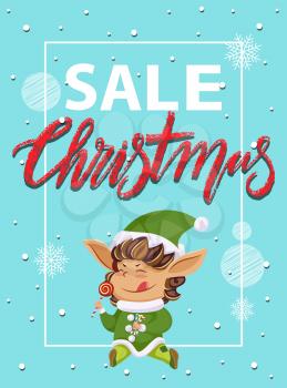 Christmas sale and holiday clearance in shops to buy presents. Fairy character eat lollypop and candy cane. Promotion poster with elf and advertising caption. Vector illustration in flat style