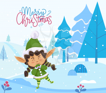 Merry christmas caption, greeting postcard. Elf stand alone in forest among fir trees. Fairy character in green traditional costume. Little girl greet people with holiday. Vector illustration in flat
