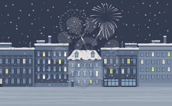 Celebration of winter holidays in city. Grey buildings at night with bright firework at sky among stars. Cityscape and modern architecture combined with festive mood on holidays and festive vector