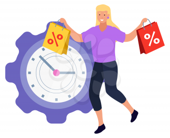 Female character buying products on sale on limited time. Isolated woman carrying bags and smiling. Big clock with countdown of offers and propositions from store. Shopper with purchases vector