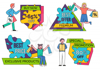 Men and women on shopping with bags from stores. Big discounts on goods, best offers and prices. Special promotion on exclusive products on black friday. Vector captions for advertising on labels