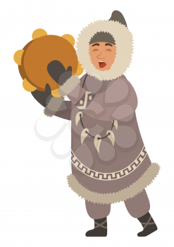 Eskimo singing songs and playing traditional national musical instrument. Isolated inuit wearing thick jacket and necklace made of fangs. Northern person with cultural customs. Vector in flat style
