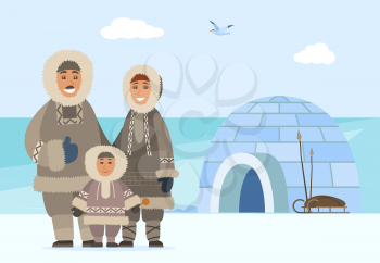 Family consisting of man and woman with child. Arctic people outdoors standing by igloo made of ice cubes. Cold climate of eskimos. Characters wearing winter warm clothes. Vector in flat style