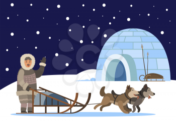 Arctic person using sledge with sled dogs traveling to settlement of inuits. Character waving hand to house. Snowing weather in north. Eskimo with domestic animals outdoors, vector in flat style