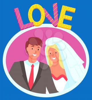 Bride and groom vector, isolated man and woman smiling on photo flat style characters on special day. Boyfriend and girlfriend wearing costume and veil, celebration of wedding. Photozone balloons