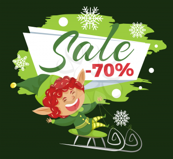 Promotional banner with elf. 70 percent sale proposition from store. Smiling xmas character riding sleigh. Laughing leprechaun. Snowflakes and calligraphic inscription, discount announcement vector