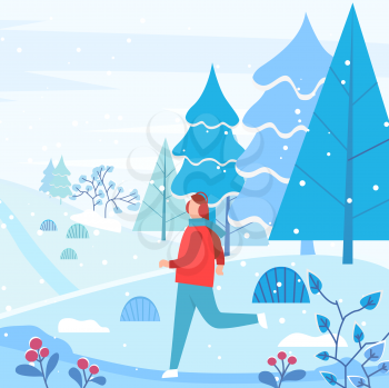 Man wearing earmuffs and warm clothes running in forest. Snowing weather in winter landscape with pine trees. Athlete jogging in morning, practicing , and working out. Vector in flat style illustration