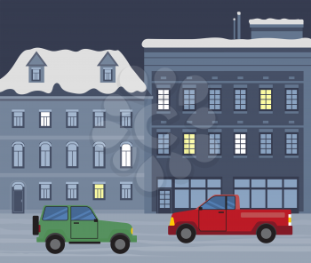 Winter city at nighttime, cars andvehicles of citizens at street of town. Snowfall in urban area. Building in row with lit windows. Automobile on read at night. Cityscape of wintertime vector in flat