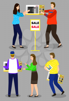 Characters buying appliances for home. People fighting for goods on sale. Man and woman holding microwave oven. Shoppers being angry and rude with each other vector in flat style illustration