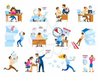 Deadline at work icons set. Boss shouting on employee to work faster.Tired and stressed workers in office running and hurrying up, managers run out of time