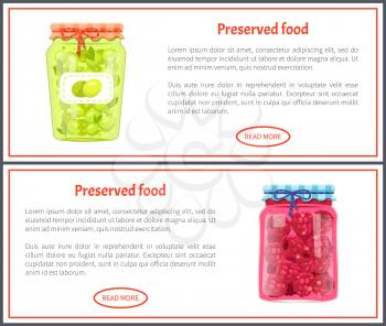Preserved food banners, olive and raspberry. Jar of vegetables or berries in marinade web pages templates vector illustrations with button under text.