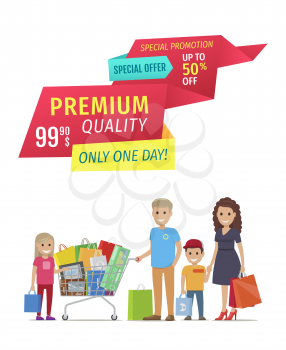 Special offer for premium quality products for only one day promotion banner. Parents and kids happy customers with shopping bags vector figures.