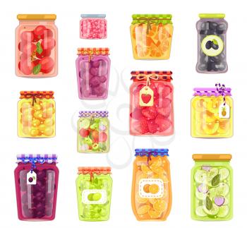 Preserved vegetables and fruits in containers set. Jars with pickled cucumbers and tomatoes. Plum peach and blueberry conservation isolated vector