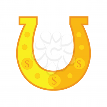 Golden horseshoe vector. Flat style. Traditional symbol of fortune and luck in with dollar signs. Illustration for gambling industry, online game and lottery services. Isolated on white background.   