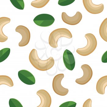 Cashew seamless pattern vector in flat design. Traditional snack. Healthy food. Nut ornament for wallpapers, polygraphy, textiles, web page design, surface textures. Isolated on white background.