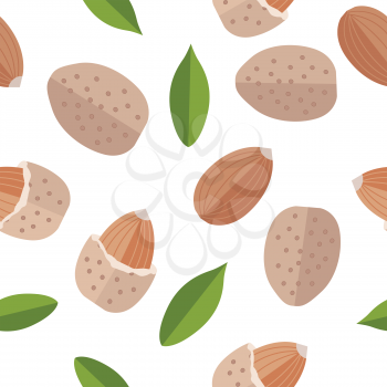 Almond seamless pattern vector in flat design. Traditional snack. Healthy food. Nut ornament for wallpapers, polygraphy, textiles, web page design, surface textures. Isolated on white background.