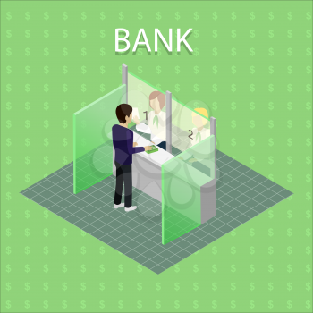Isometric interior of the bank with people. Bank interior with cashier in flat. Finance and money, banker and bank interior, business people, commercial and lobby, worker and reception illustration