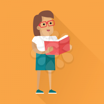 Reading book and learning people concept. Flat style. Human icon. Woman  character in glasses standing with a book in their hands. Self-education and gain knowledge. On orange background with shadow 
