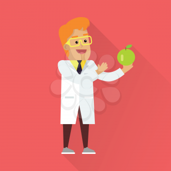 Scientist at work illustration. Vector in flat style design. Scientific icon. Smiling male character in white gown standing with green apple in hand. Educational concept. On red background with shadow