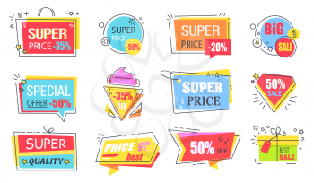 Super price reduction advertisement emblems set. Creative discount logotypes in shape of bright ice cream, gift box and diamond vector illustrations.