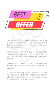 Best offer with convenient prices promo poster with sample text and bright logotype with sign and stars inside rectangular frame vector illustration.