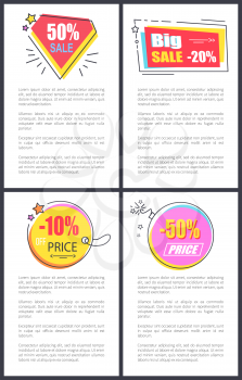 Big sale -20 and -10 off sale, creative placards with stickers in form of diamond, bomb, circle and rectangle, images and text vector illustration