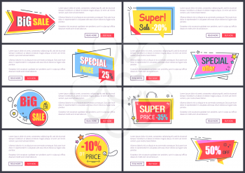 Big sale and special offer, websites set with unique colorful stickers with stars and lines and text sample, on vector illustration isolated on white