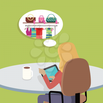 Dream holiday concept. Woman working with tablet computer in office and dreaming about shopping. Isolated object in flat design on white background. Vector illustration