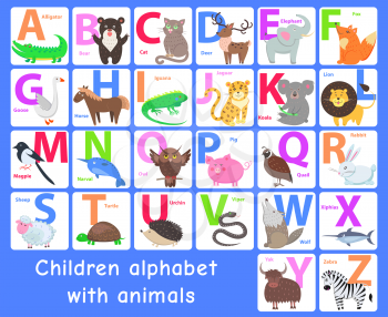 Children alphabet with animals. Letters A, B, C, D, E, F, G, H, I, J, K, L, M, N, O, P, Q, R, S T U V W X Y Z Alphabet learning chart with animals for letter animal name Vector zoo alphabet