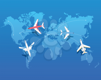 Set of airplanes flying over world map. Destinations of plane flight. Aviation routes concept. Isolated vector illustration. Air transport, travel. Graphic aircraft in flat style. Flights over planet