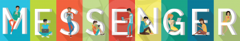 Messenger banner. People with gadgets standing and sitting near letters. Modern youth with electronic gadgets. Social media network connection, messenger communication, internet chat, mobile service