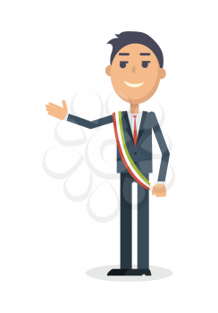 Mayor character. Smiling man in suit and tricolor striped ribbon in italian national colors flat vector illustration isolated on white background. For travel, touristic, political concept design  