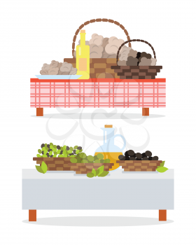 Table with bottle of wine and abstract food in baskets. Table with jug of oil and olives in baskets. Banners set. Picnic table. Spain festival of olives and wine concept. Vector illustration
