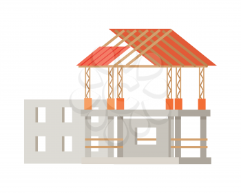 Building construction process. Building of cottage house. Mock-up of home building. House under development in flat style design. Project of house building. Construction of roof. Vector illustration