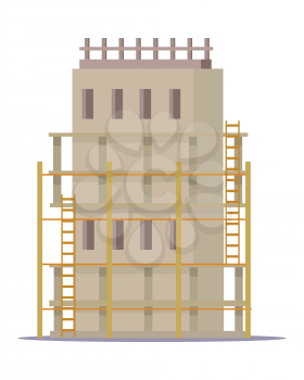Building construction process. Building of skyscraper. Mock-up of home building. House under development in flat design. Project of house building. Construction of first level. Vector illustration