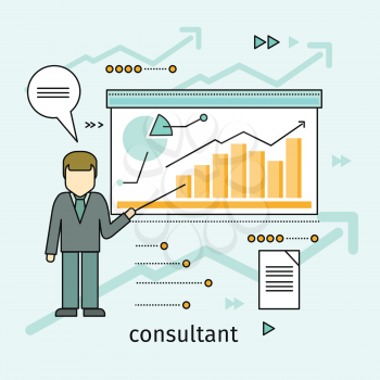 Business consultant concept vector. Flat design. Man standing with pointer near board with inhographics. Expert information support. Illustration for consulting company, career courses advertising