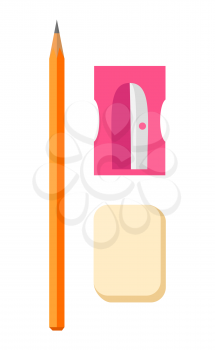 Colorful vector poster of school stationery items namely orange wooden pencil, pink sharpener and beige rubber on white background.