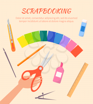 Scrapbooking vector poster with red scissors, metal compasses, olored paper, orange wooden pencil, stationery knife, ruler, glue and brushes on beige background.