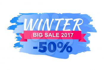 Winter 2017 big sale icon isolated on white background. Vector illustration with seasonal discount advert on sign in shades of blue, half price -50 