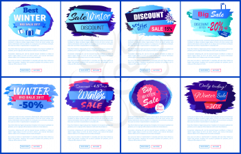 Best winter sale offer on set of eight web posters with seasonal discount promotion. Vector illustration with sale clearance with web page elements