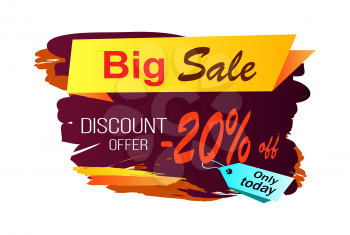Big sale discount offer -20 off, only today, image with yellow stripe and title, price tag and background vector illustration isolated on white