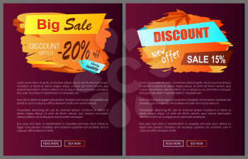 Big sale discount offer only today -20 off autumn best choice labels on vector posters, advertisement set promo banners with text, landing page design