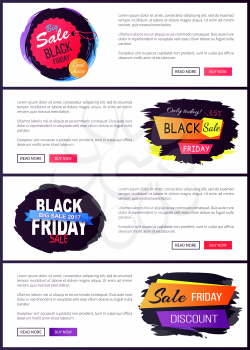 Big sale black Friday, discounts and special promotion labels, websites with headlines placed in circle and rectangles, text and button vector