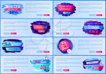 Web online layouts winter posters with new offer discounts big seasonal sale 2017 collection of advertising labels with info about prices off vector