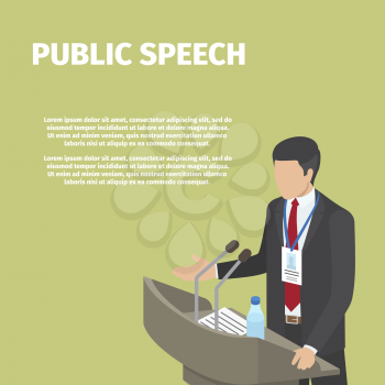 Man in black suit stands behind gray podium on public speech, vector illustration. Two microphones, paper with text and bottle with water on tribune